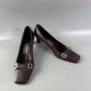 Salvatore Ferragamo Brown Leather Squared Toes Pumps, Size 8 AA